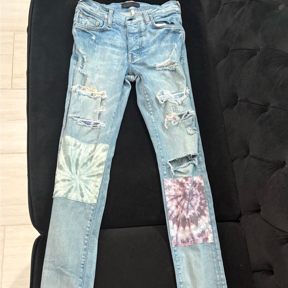 AMIRI Light Blue Tie-Dye Patch Skinny Jeans